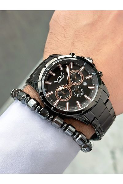 Ferrucci Black Color Steel Strap Functional Men's Wristwatch Bracelet Gift
