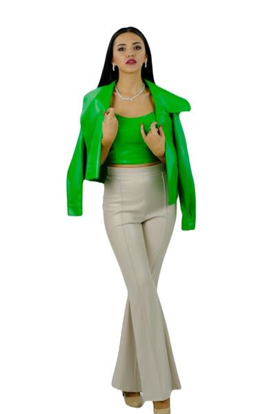 Sentt Deri Ispanyol Paça Pantolon Krem