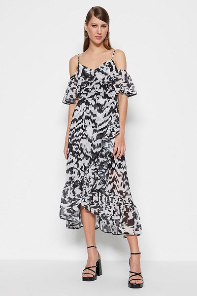 Trendyol Collection Multi-Colored Lined Chiffon Flounce Floral Patterned Elegant Evening Dress TPRSS23EL00222