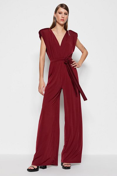 Trendyol Collection Burgundy Belted Knitted Jumpsuit TPRSS23TU00029