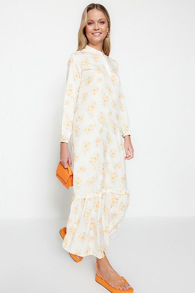 Trendyol Modest Oranžová květinová polovina sukně Tkané šaty s volánkovou podšívkou TCTSS21EL3353