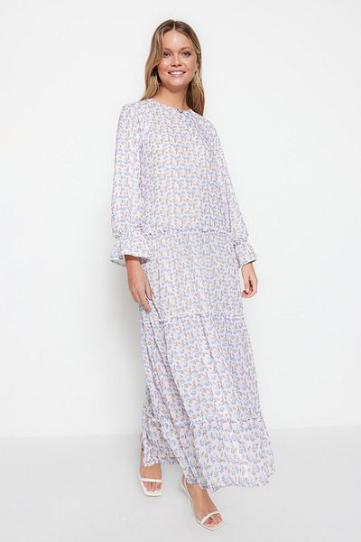 Trendyol Modest Ecru květinové vzorované knoflíky detailně lemované tkané šifonové šaty TCTSS23EB00270