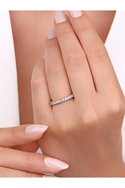 MaGold Tek Sıra Tamtur Zirkon Taşlı 14 Ayar Beyaz Altın Yüzük