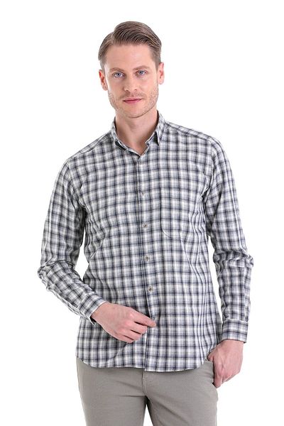 Hatemoğlu Gray Classic Fit Checkered Slim Collar Long Sleeve Casual Flannel Shirt