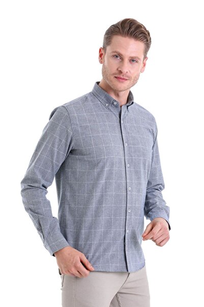 Hatemoğlu Lacivert Comfort Fit Desenli Düğmeli Yaka Uzun Kollu Casual Flanel Gömlek