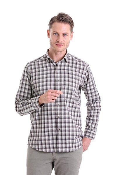 Hatemoğlu Bej Klasik Fit Kareli Slim Yaka Uzun Kollu Casual Flanel Gömlek