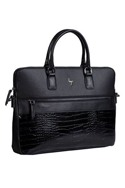 BYZ -243 Kroko Siyah Leptop Evrak Çantası Omuzdan Askılı 41x28x5 Cm