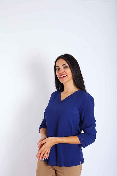 Blues Outlet Bluză de damă cu guler și mâneci cu cusături cu decolteu în V-albastru