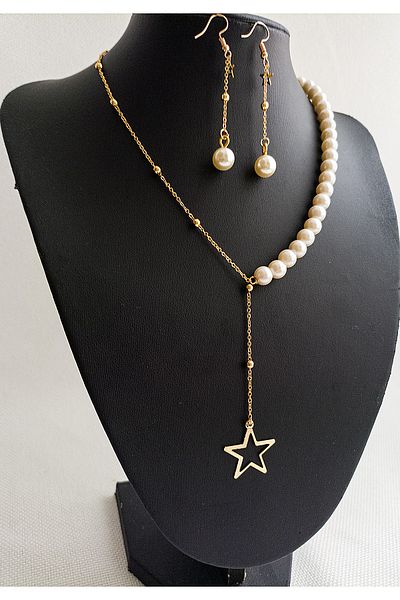 BİJUTERİ EVİ Star Ball Chain Pearl Women's Necklace Earring Set