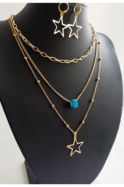 BİJUTERİ EVİ Star Figured Evil Eye Beaded Multiple Necklace Earrings Set