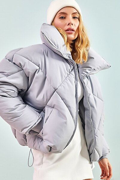 MissKybele Boyunlu Dik Yaka Çift Yan Cepli Kalın Dolgulu Fermuarlı Oversize S...