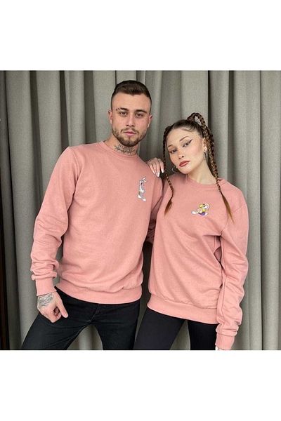 FAVORİST Συνδυασμός Unisex Powder Pink Crew Neck Cotton Oversize Lover Couple