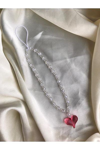 PEONY - peonyofficiall Red Heart And Silver Transparent Crystal Design Phone Charm Lanyard Phone Strap