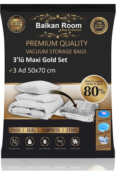 Balkan Room Вакуумна торба за съхранение, комплект от 3 части Maxi Gold, вакуумна торба за съхранение, вакуумна торба
