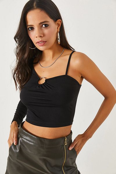 Olalook Black One Shoulder Crop Sandy Blouse with Accessories BLZ-19002152