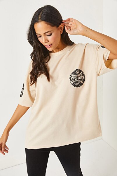 Olalook Μπλουζάκι Unisex Oversize TSH-19000696 Newyork μπεζ μπροστινό πίσω τυπωμένο 2 νημάτων