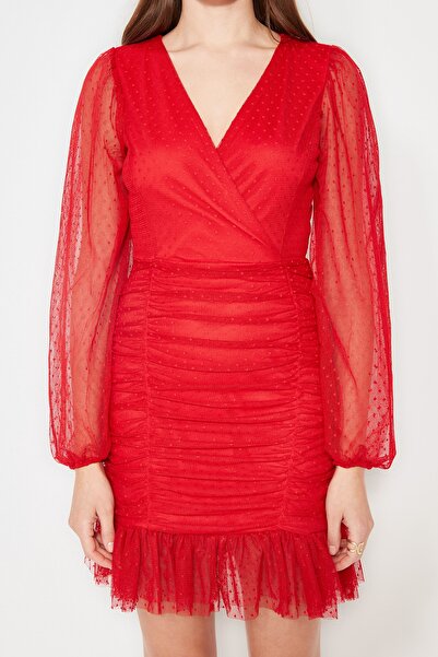 Trendyol Collection Rövid, elegáns, piros, drapériás tüll estélyi ruha - TPRSS20EL0317