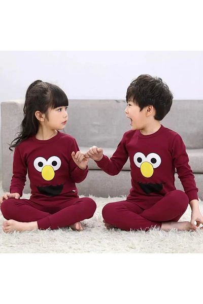 Machetta Kids Claret Red Smiling Face Printed Top and Bottom Seasonal Children's Pajama Set