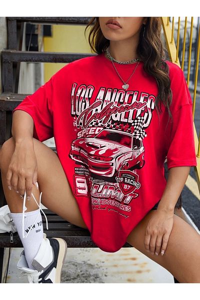 Machetta Plus Size Top Racing Car Los Angels California Printed Oversize T-shirt