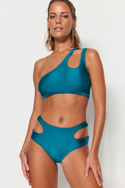 Trendyol Collection Petrolfarbene Bikinihose mit Ausschnitt/Fenster, hoher Taille und normalem Beinverlauf TBESS23BA00200