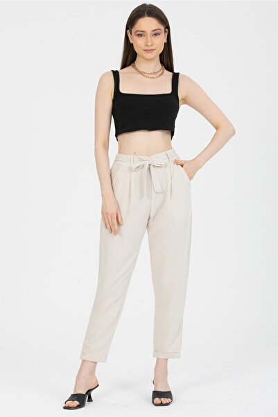 MD trend Ženske pantalone sa kamenim pojasom Sa detaljem džepa Lan