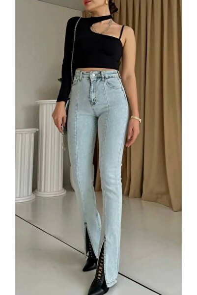 MAKRAS EXCLUSIVE Monera Rosa Front Slit High Waist Jeans
