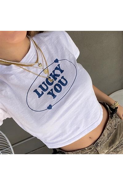 Touz My Vision Lucky You Printed White Crop