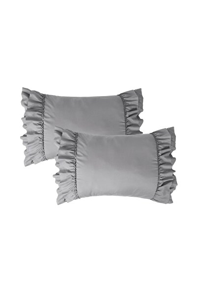 EVYA Natural 100% Cotton Ruffle Decor Pillow Case 30x50 Cm 2 Pieces Gray Color