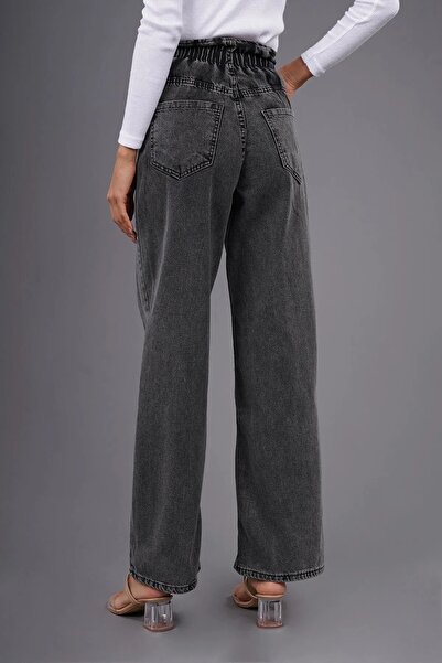 MAKRAS EXCLUSIVE Monera Rosa Gathered - Elastic Waist High Waist Boyfriend Wide Leg Jeans