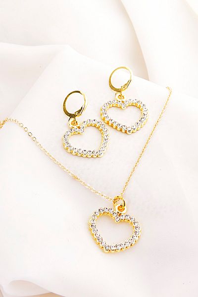 EUROMODA Heart Designed Zircon Stone Necklace Earring Set