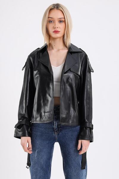 Deri Effect Oversize Siyah Biker Kadın Deri Mont