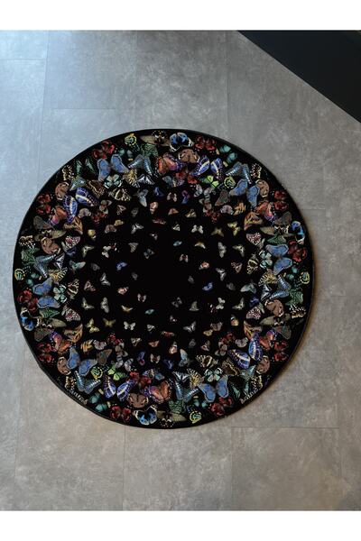 Rugs Modern Halı سجادة قاعدة منسوجة بتصميم فراشة سوداء مستديرة من ميرا 1058