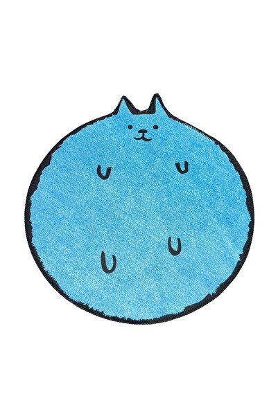 RUGSMODERN Mira 838 Mavi Kedi Desenli Dekoratif Yıkanabilir Yuvarlak Halı