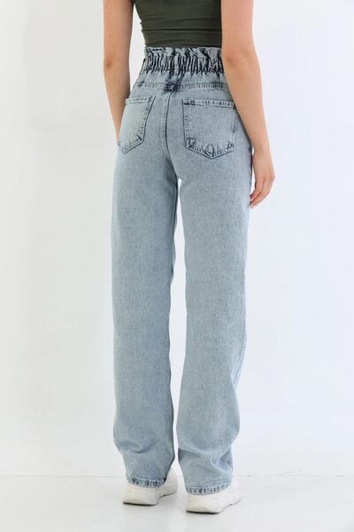 MAKRAS EXCLUSIVE Büzgülü- Beli Lastikli Yüksek Bel Boyfrıend Bol Paça Kot Pantolon