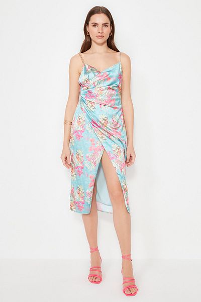 Trendyol Collection Multicolored Flower Printed Woven Satin Stylish Evening Dress Night Graduation Dress Tprss21El3753