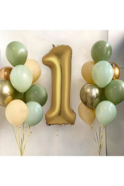 Bkmc 1 Year Old Gold Balloon and 16 Balloons (4mildew Green 4mint Green 4salmon 2gold 2silver)