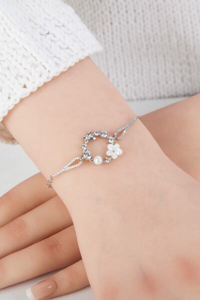 klas gümüş Sedefli Ve Incili Manolya Çiçeği Rodaj Bileklik-925 Ayar Gümüş