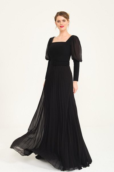 SpringStore Black Square Collar Sleeve Chiffon Evening Dress