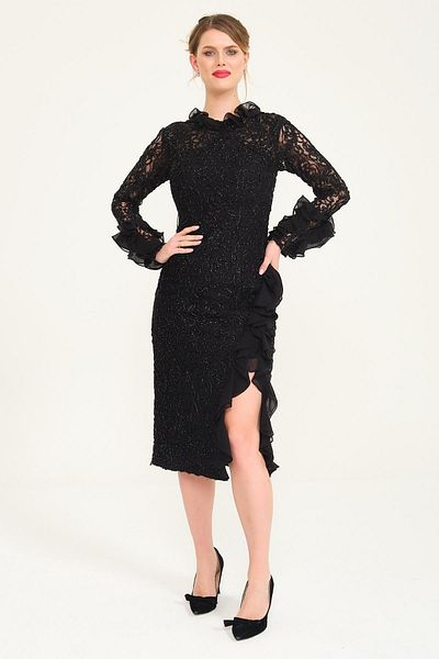 SpringStore Rochie de seara din dantela neagra - Design cu volane