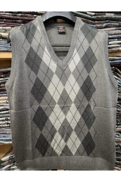 FATELLA Erkek Füme Kareli Desenli V Yaka Ince Triko Süveter