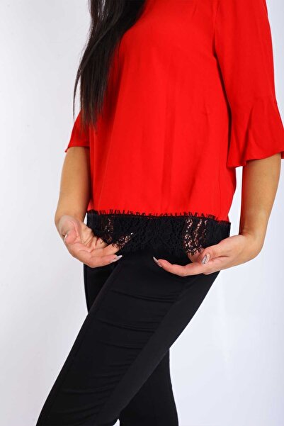 Blues Outlet Γυναικείο πάτο Δαντέλα Λεπτομερής Μπλούζα-κόκκινο