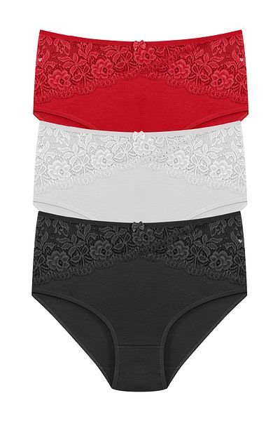 HNX 3-Piece Cotton Waist Lace Detailed High Waist Large Size Bato Women's Panties