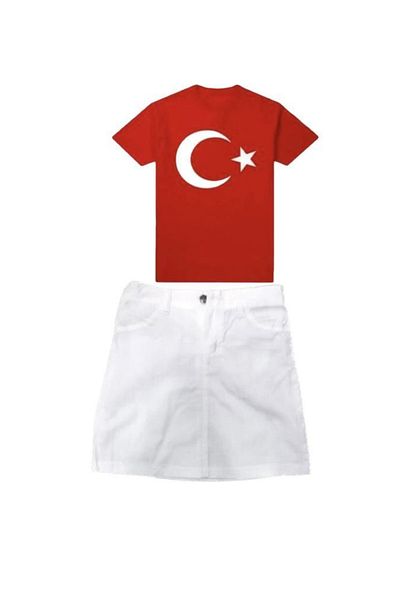 FATELLA Girl's Short Sleeve Ataturk Printed T-shirt Linen Skirt Suit School Performance 23 April 29 October 10 November