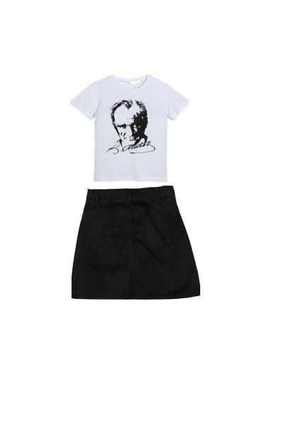 FATELLA Girl's Short Sleeve Ataturk Printed T-shirt Linen Skirt Suit School Performance 23 April 29 October 10 November