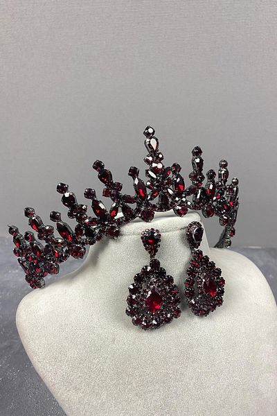 Hobigram Set de coroană de mireasă și cercei cu piatră de navetă Burgundy Cooper – Coroană, piatră de cristal, model elegant – Coroană