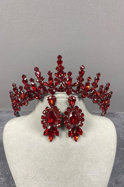 Hobigram Set de cercei rochii de seară cu coroană de mireasă și trei pietre de navetă roșie – coroană, piatră de cristal