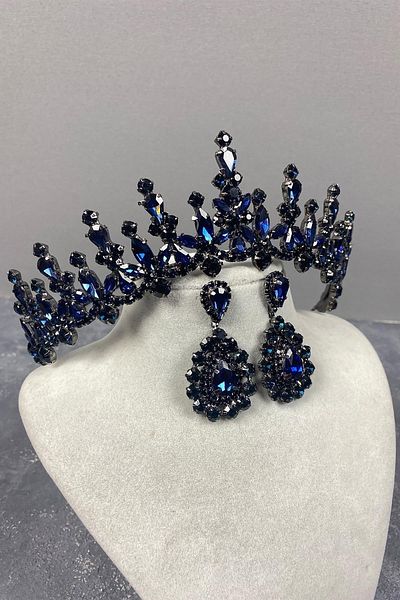 Hobigram Set de cercei și coroană de mireasă cu piatră de navetă albastru bleumarin – Coroană, piatră de cristal, model elegant – T