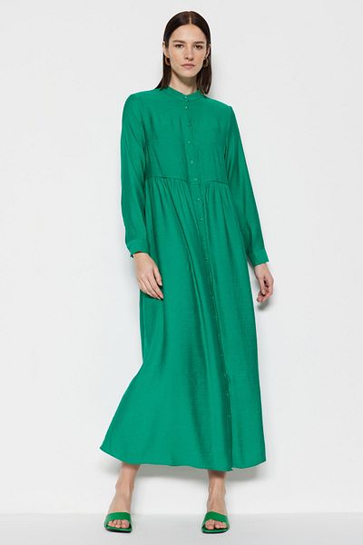 Trendyol Modest Φόρεμα από λινό πουκάμισο με υφασμένο γιακά επικρατούν πράσινο TCTSS23EB00081
