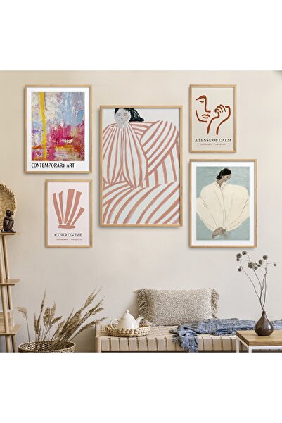 HOMEPACK Doğal Ahşap Çerçeveli 5'li Tablo Seti Beşli-017