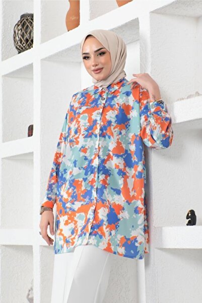 benguen 8890 Patterned Hijab Shirt Orange